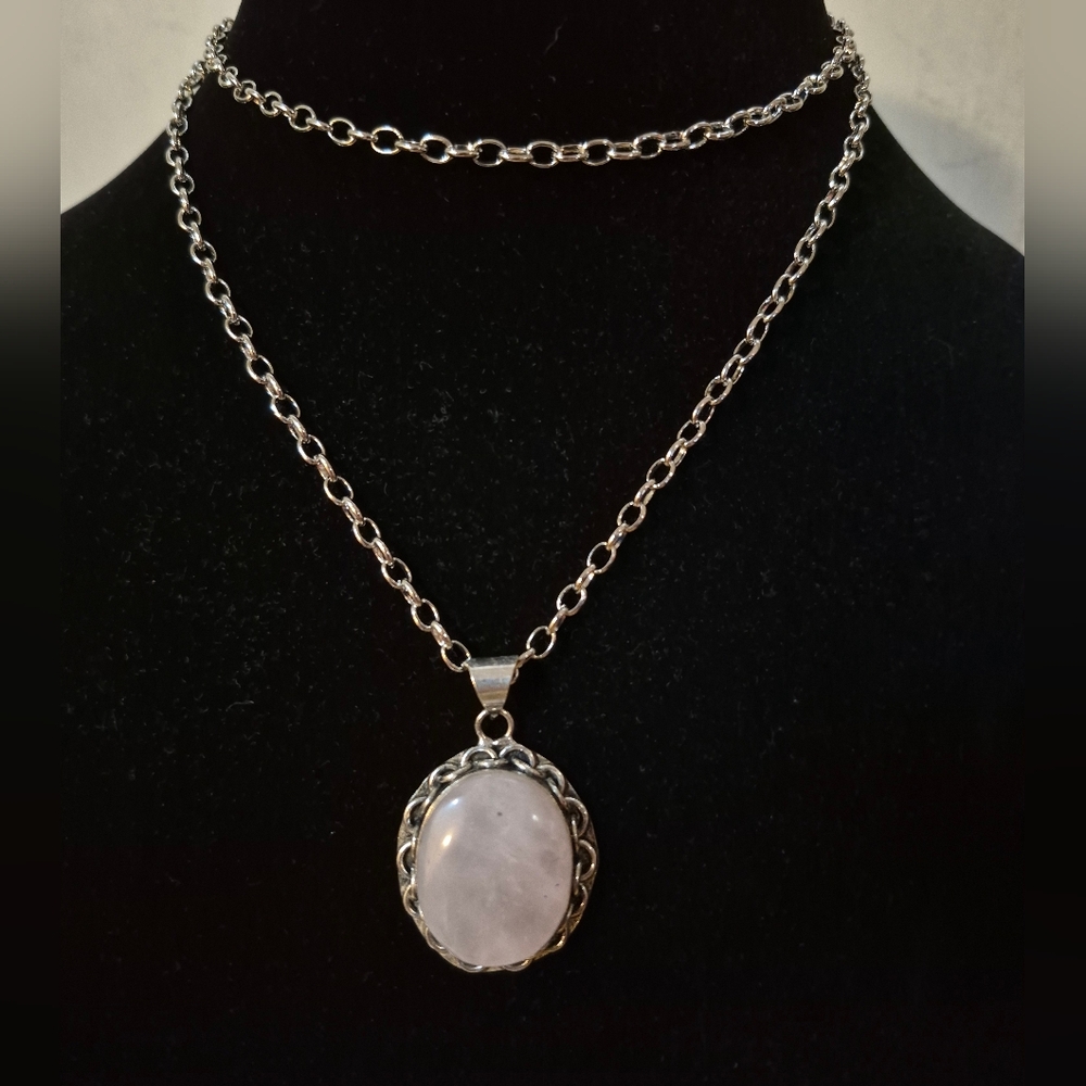 Silvertone Rose Quartz Pendant Necklace